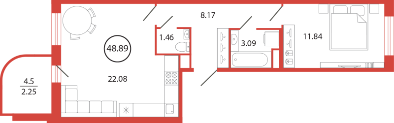 2-комнатная (Евро) квартира, 48.89 м² в ЖК "Энфилд" - планировка, фото №1