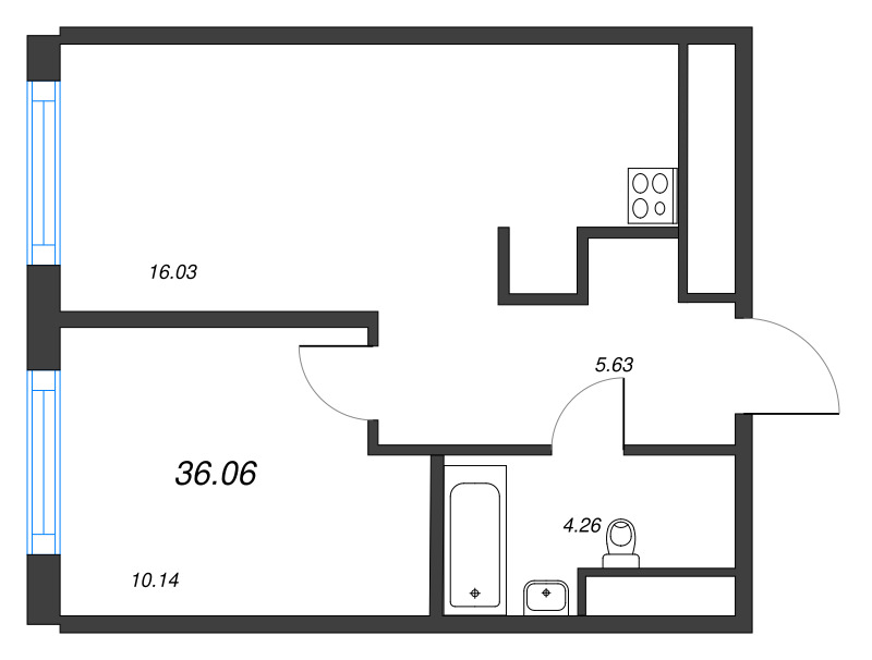 2-комнатная (Евро) квартира, 36.06 м² - планировка, фото №1