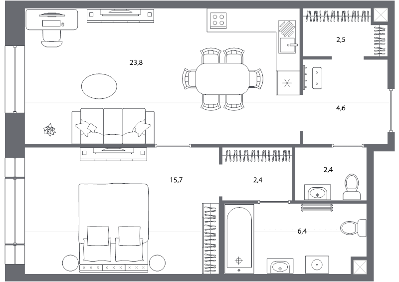 2-комнатная (Евро) квартира, 57.8 м² - планировка, фото №1