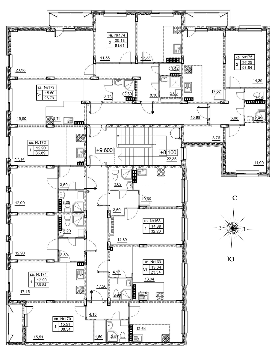2-комнатная квартира, 61.61 м² в ЖК "Верево-сити" - планировка этажа