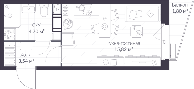 Квартира-студия, 24.6 м² в ЖК "ВЕРЕН НОРТ сертолово" - планировка, фото №1