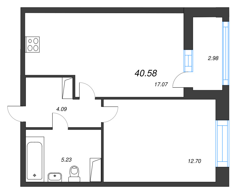 2-комнатная (Евро) квартира, 40.58 м² в ЖК "Аквилон Leaves" - планировка, фото №1