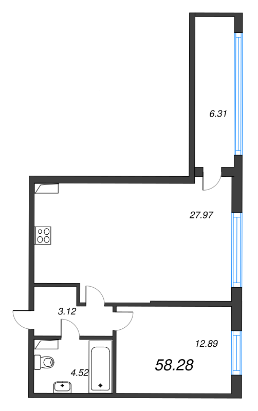 2-комнатная (Евро) квартира, 52.1 м² в ЖК "Аквилон Ливз" - планировка, фото №1