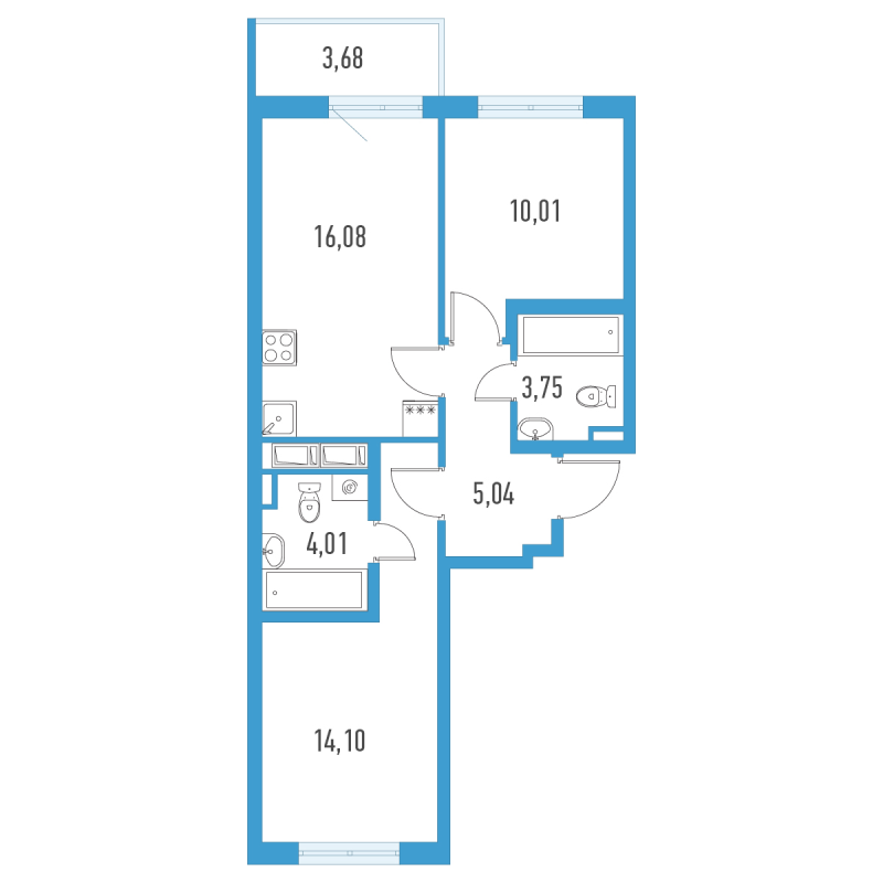 3-комнатная (Евро) квартира, 54.09 м² в ЖК "Аэросити" - планировка, фото №1