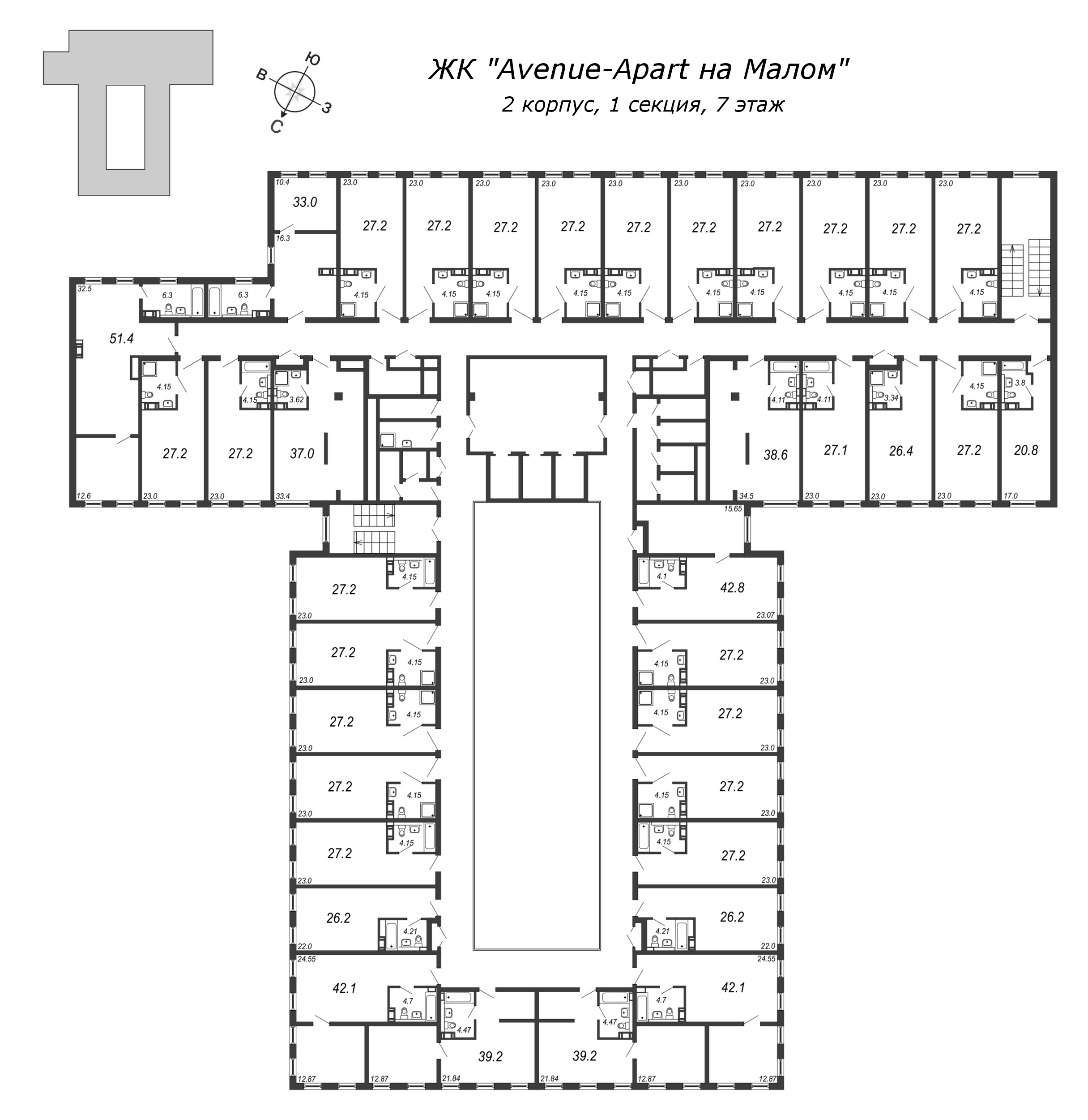 2-комнатная (Евро) квартира, 52.3 м² в ЖК "Avenue-Apart на Малом" - планировка этажа
