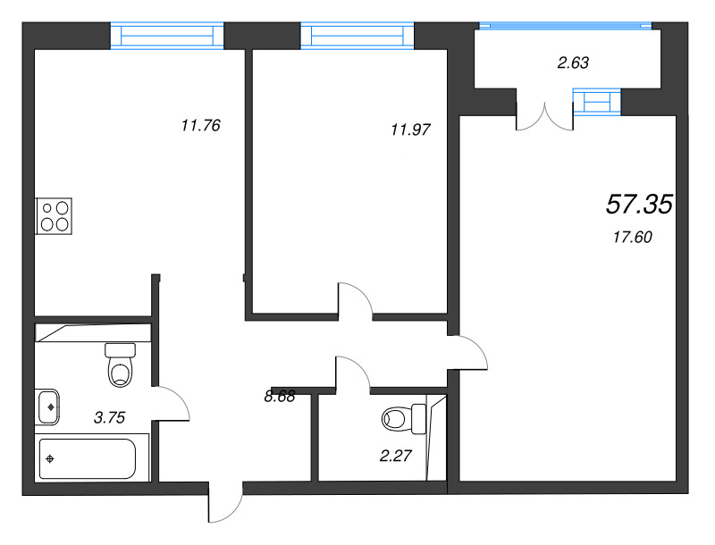 2-комнатная квартира, 57.35 м² в ЖК "Арт Парк" - планировка, фото №1