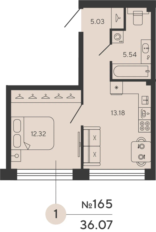 1-комнатная квартира, 36.07 м² в ЖК "Bashni Element" - планировка, фото №1