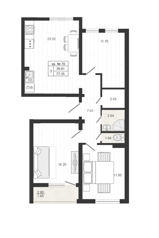 4-комнатная (Евро) квартира, 79.4 м² в ЖК "Верево Сити" - планировка, фото №1