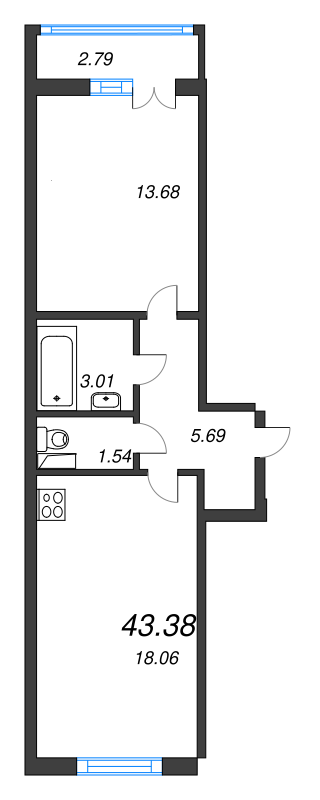 2-комнатная (Евро) квартира, 44.3 м² в ЖК "AEROCITY" - планировка, фото №1
