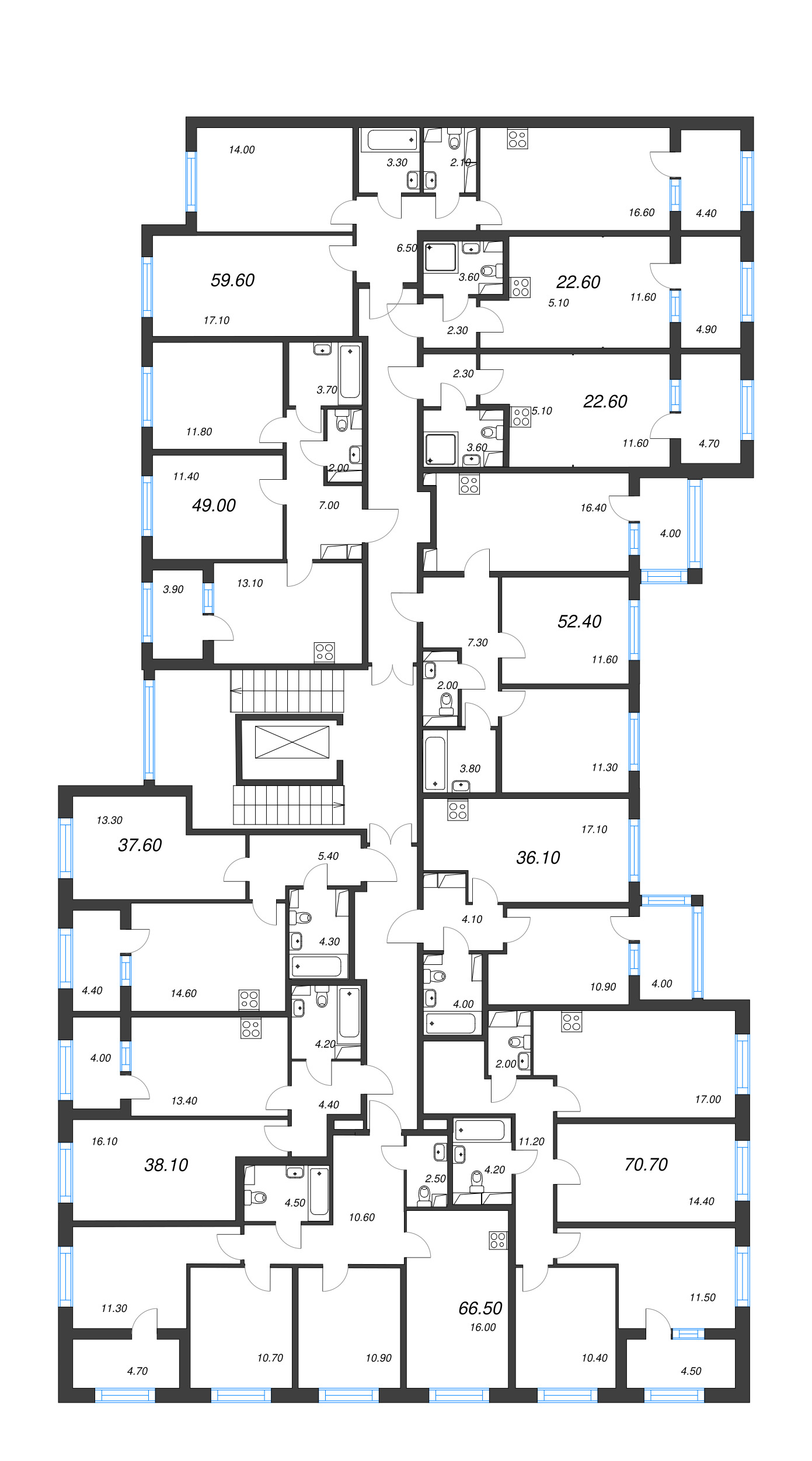 3-комнатная (Евро) квартира, 52.4 м² - планировка этажа
