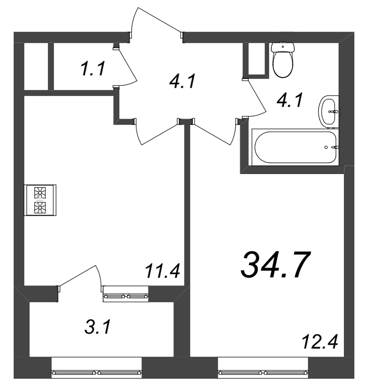1-комнатная квартира, 34.9 м² - планировка, фото №1