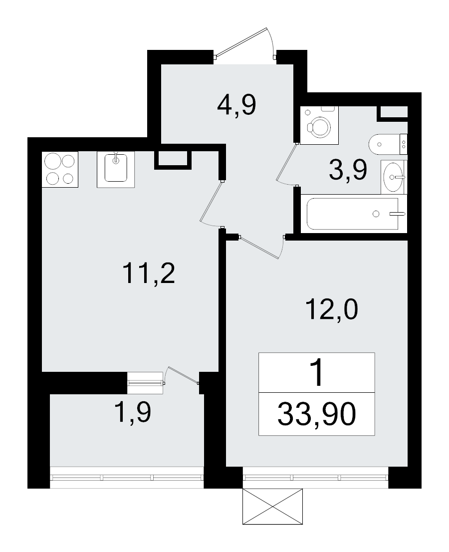 1-комнатная квартира, 33.9 м² в ЖК "А101 Всеволожск" - планировка, фото №1