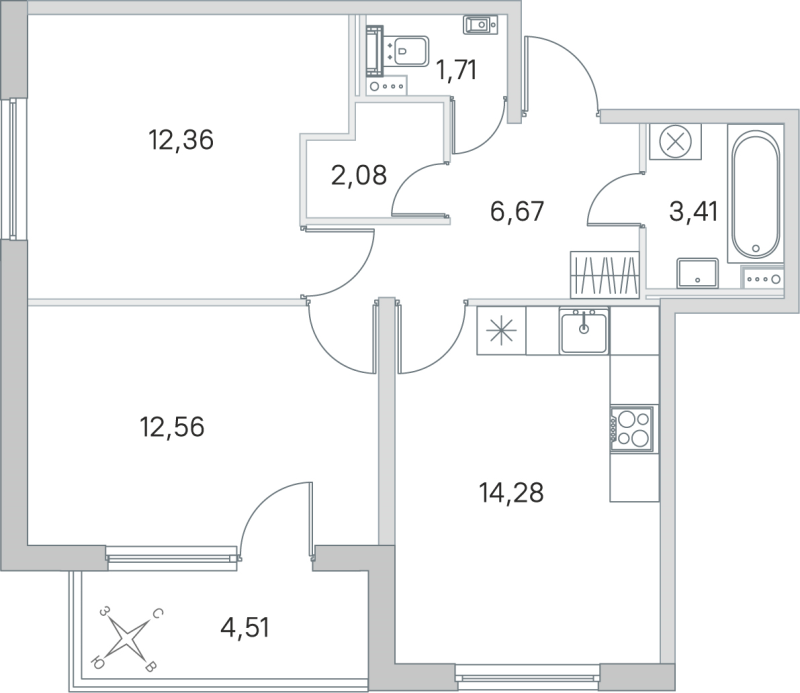 2-комнатная квартира, 53.07 м² в ЖК "Любоград" - планировка, фото №1