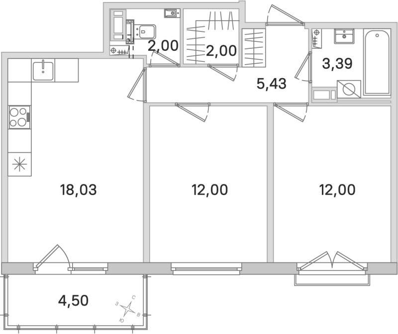 3-комнатная (Евро) квартира, 54.85 м² в ЖК "Любоград" - планировка, фото №1