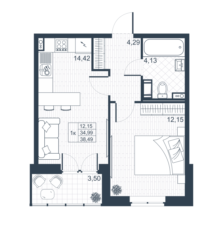 1-комнатная квартира, 34.8 м² в ЖК "Ново-Антропшино" - планировка, фото №1