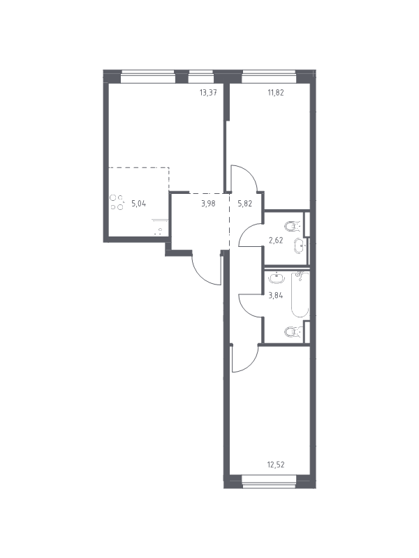 3-комнатная (Евро) квартира, 59.01 м² - планировка, фото №1