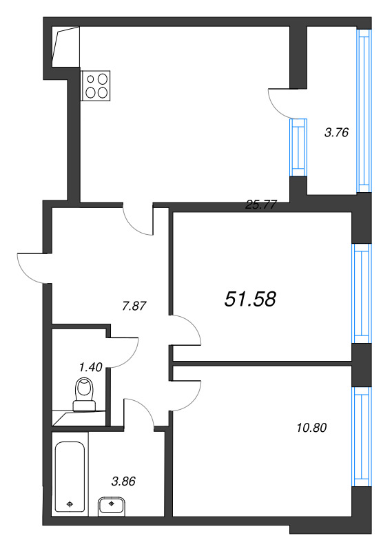 3-комнатная (Евро) квартира, 51.58 м² в ЖК "AEROCITY" - планировка, фото №1