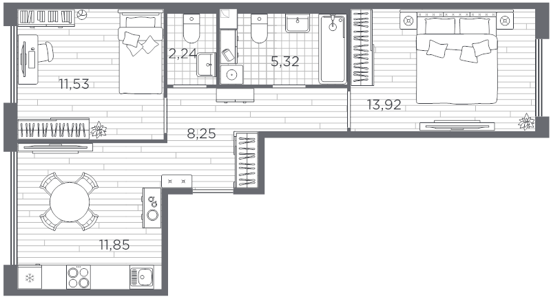 2-комнатная квартира, 53.11 м² - планировка, фото №1