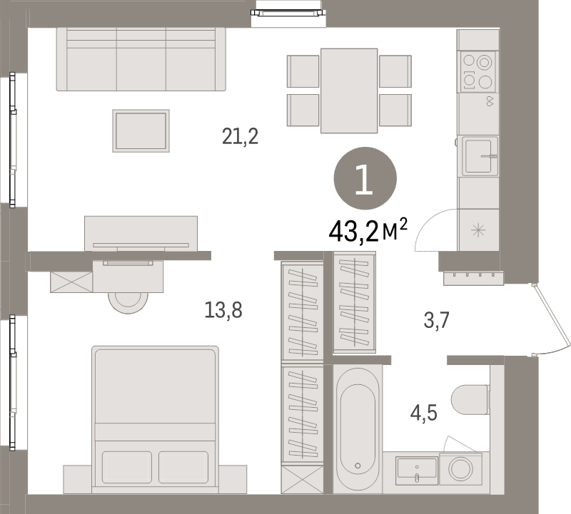 2-комнатная (Евро) квартира, 43.2 м² в ЖК "Брусника в Новоселье" - планировка, фото №1