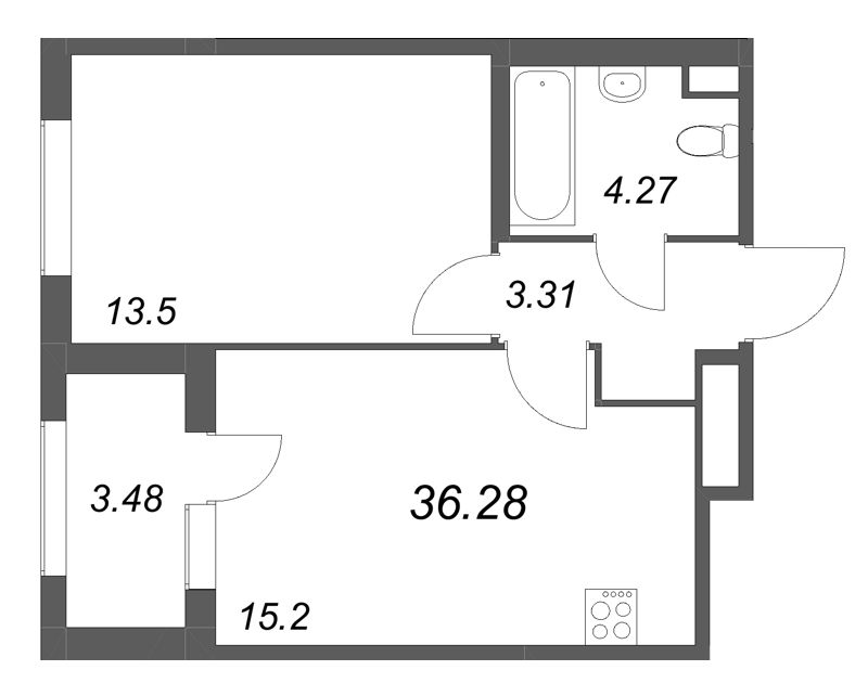 2-комнатная (Евро) квартира, 36.28 м² в ЖК "Дубровский" - планировка, фото №1