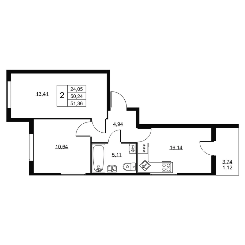 3-комнатная (Евро) квартира, 51.36 м² в ЖК "Пулковское, 34" - планировка, фото №1