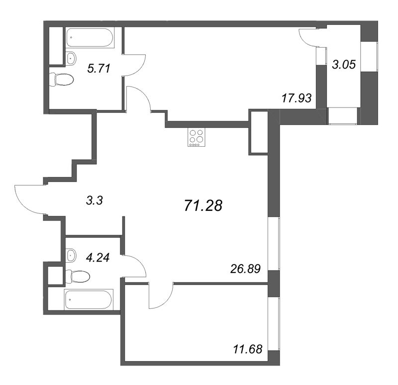 3-комнатная (Евро) квартира, 71.28 м² в ЖК "Talento" - планировка, фото №1