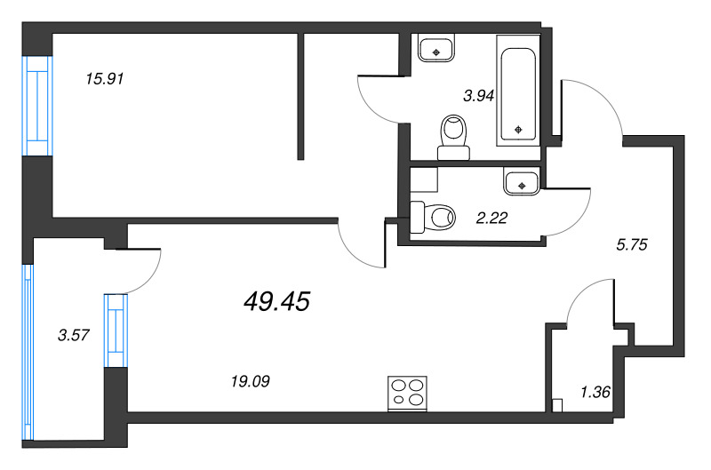2-комнатная (Евро) квартира, 50.05 м² в ЖК "Окла Вижн" - планировка, фото №1