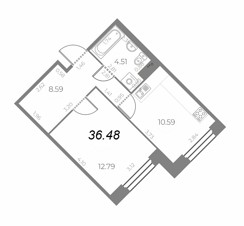 1-комнатная квартира, 36.48 м² - планировка, фото №1