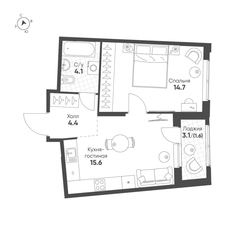 2-комнатная (Евро) квартира, 40.4 м² в ЖК "Ягодное Река Парк" - планировка, фото №1