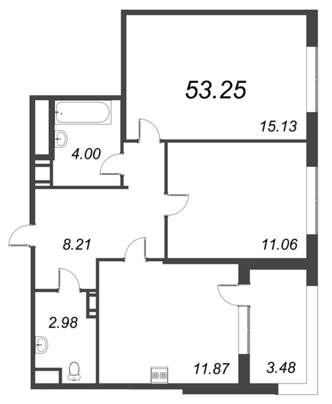 2-комнатная квартира, 53.25 м² в ЖК "Б15" - планировка, фото №1