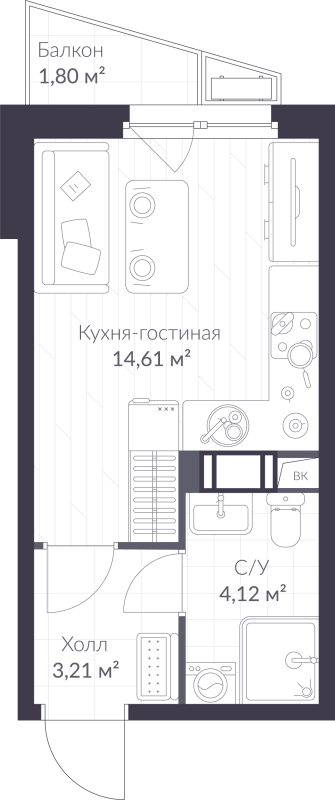 Квартира-студия, 22.48 м² в ЖК "VEREN NORT сертолово" - планировка, фото №1