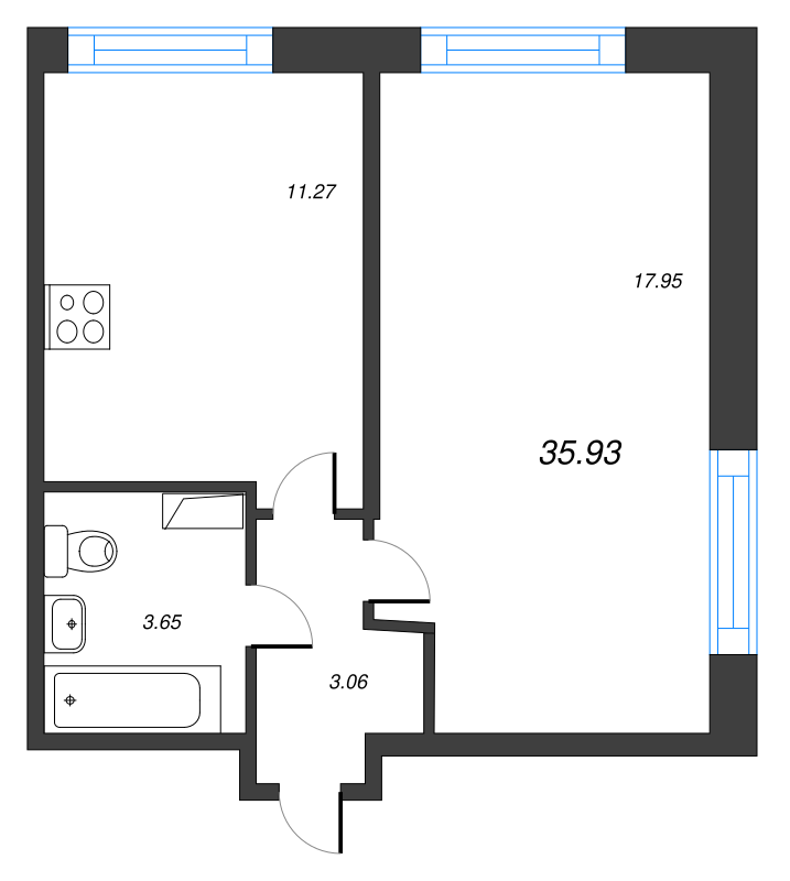 1-комнатная квартира, 35.93 м² - планировка, фото №1
