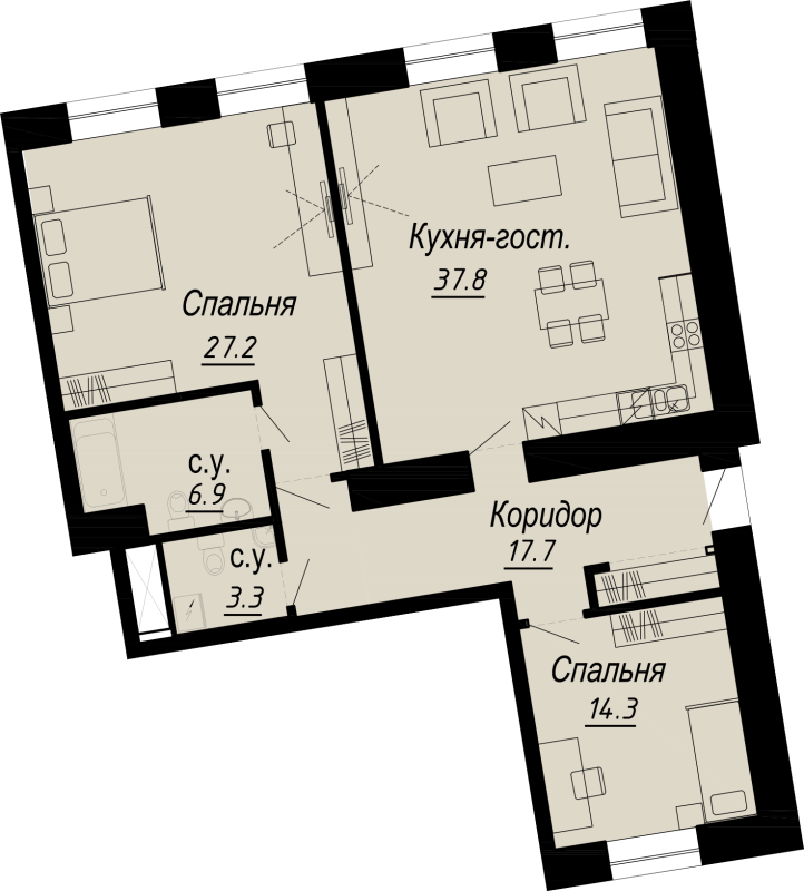 2-комнатная квартира, 110.07 м² - планировка, фото №1