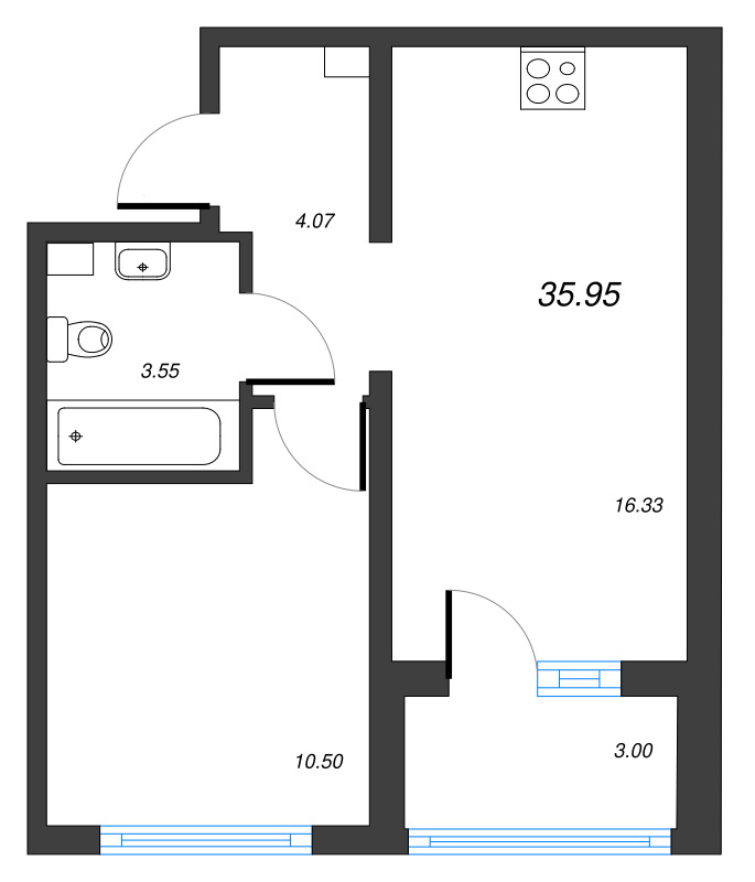 2-комнатная (Евро) квартира, 35.95 м² в ЖК "ЛесArt" - планировка, фото №1