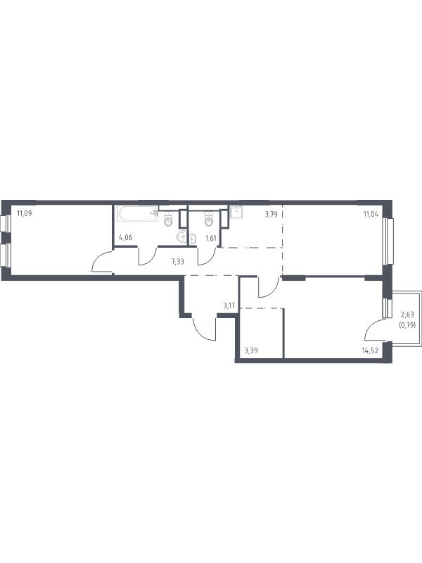 2-комнатная квартира, 60.79 м² - планировка, фото №1
