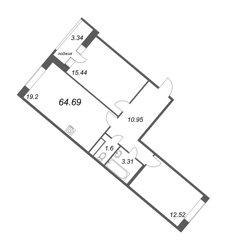 3-комнатная (Евро) квартира, 64.69 м² - планировка, фото №1