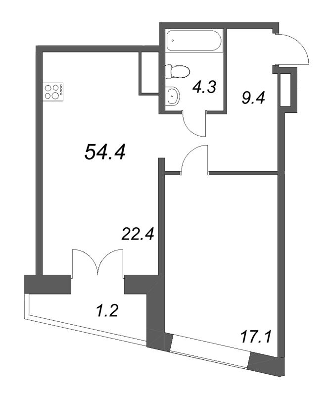 2-комнатная (Евро) квартира, 54.4 м² в ЖК "Моисеенко 10" - планировка, фото №1