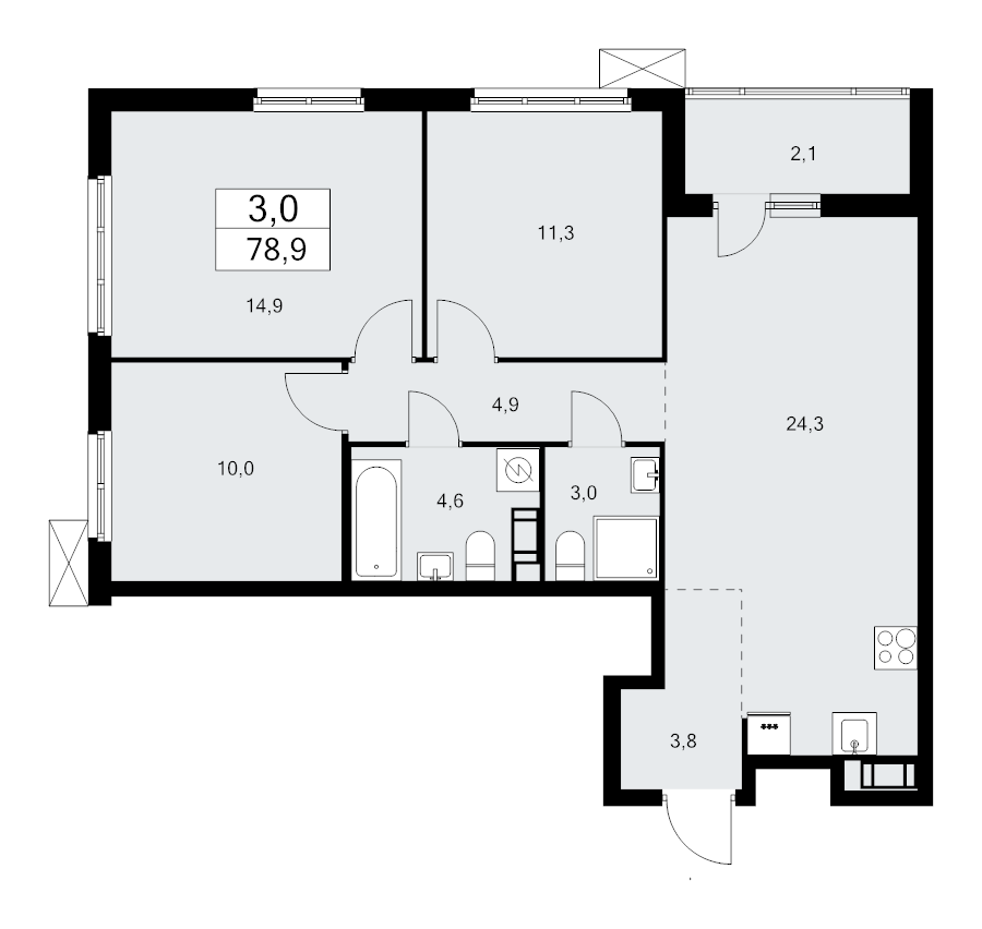 4-комнатная (Евро) квартира, 78.9 м² в ЖК "А101 Лаголово" - планировка, фото №1