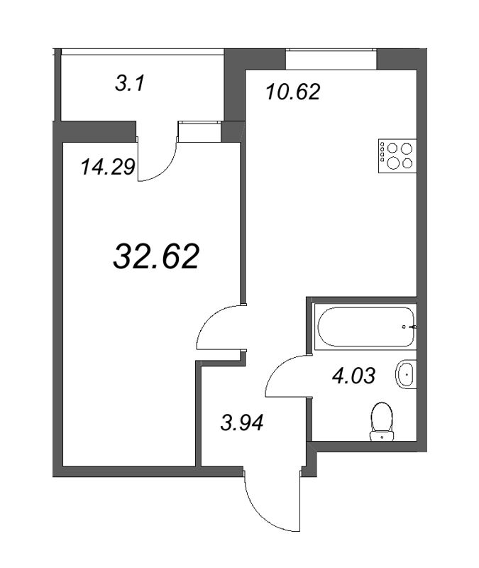 1-комнатная квартира, 37.54 м² - планировка, фото №1