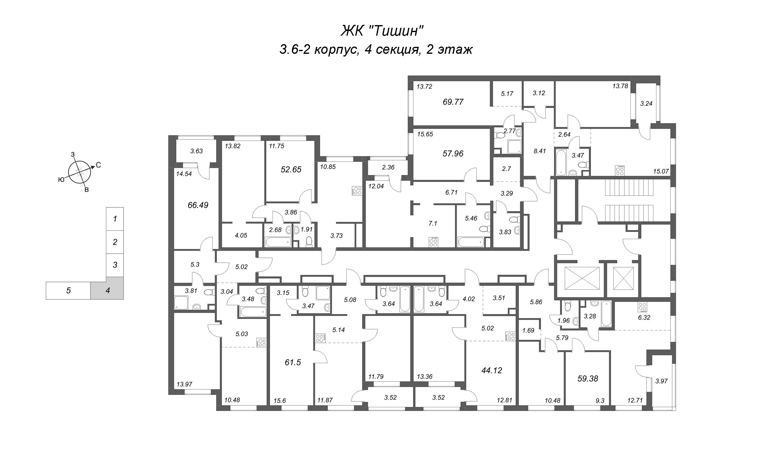 2-комнатная квартира, 52.65 м² в ЖК "Тишин" - планировка этажа