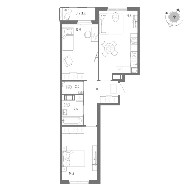 3-комнатная (Евро) квартира, 66.9 м² - планировка, фото №1