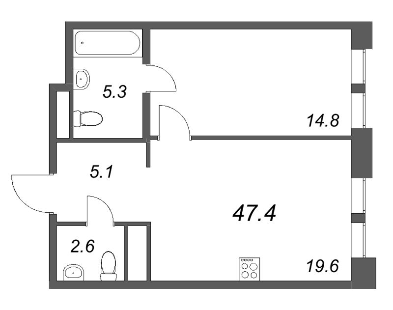 2-комнатная (Евро) квартира, 47.4 м² в ЖК "Коллекционер" - планировка, фото №1