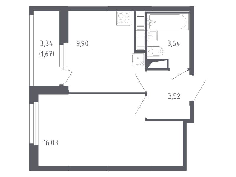 1-комнатная квартира, 34.76 м² - планировка, фото №1
