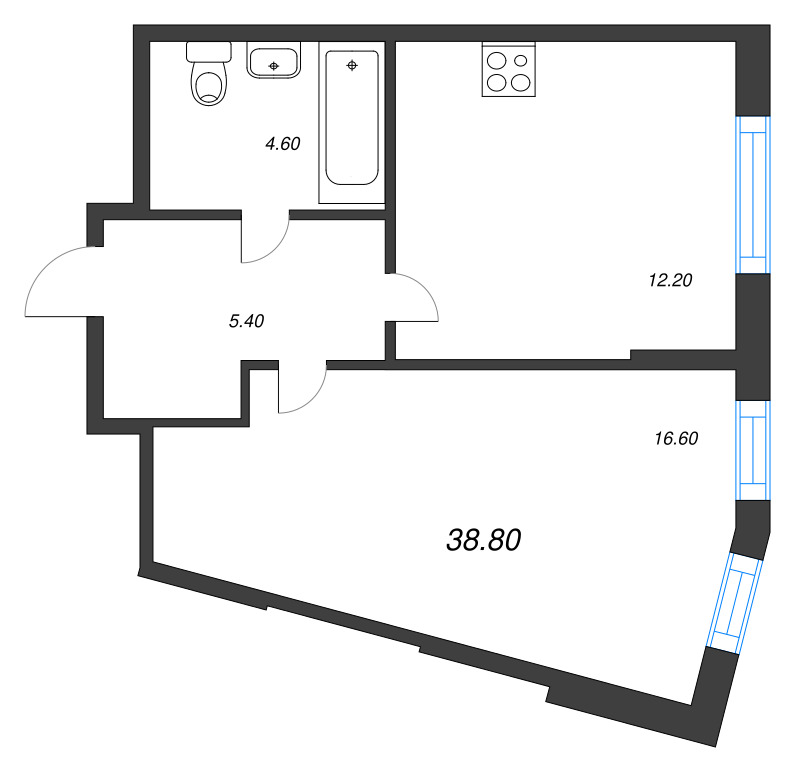 1-комнатная квартира, 38.8 м² в ЖК "Ягодное Река Парк" - планировка, фото №1