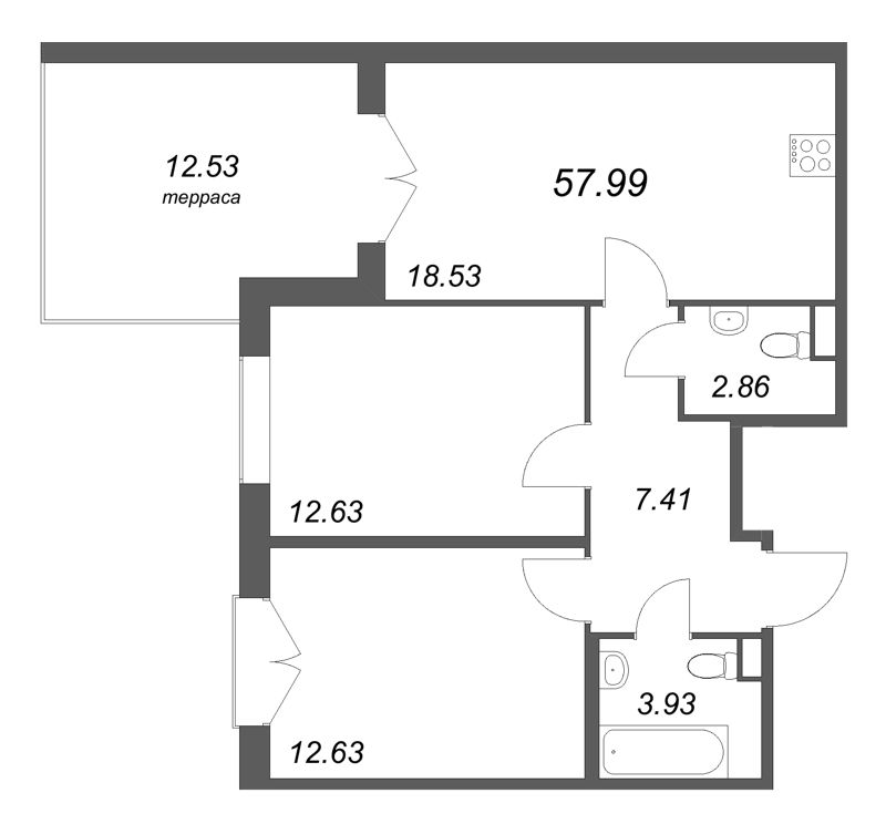 3-комнатная (Евро) квартира, 57.99 м² в ЖК "Дубровский" - планировка, фото №1