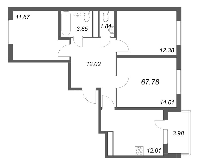 3-комнатная квартира, 67.78 м² в ЖК "ЮгТаун" - планировка, фото №1