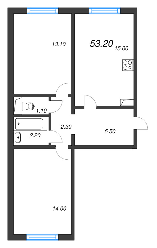 3-комнатная (Евро) квартира, 53.2 м² в ЖК "Цветной город" - планировка, фото №1
