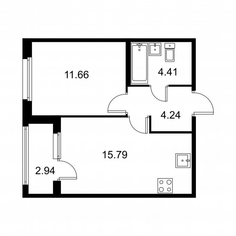 2-комнатная (Евро) квартира, 37.57 м² в ЖК "Квартал Заречье" - планировка, фото №1
