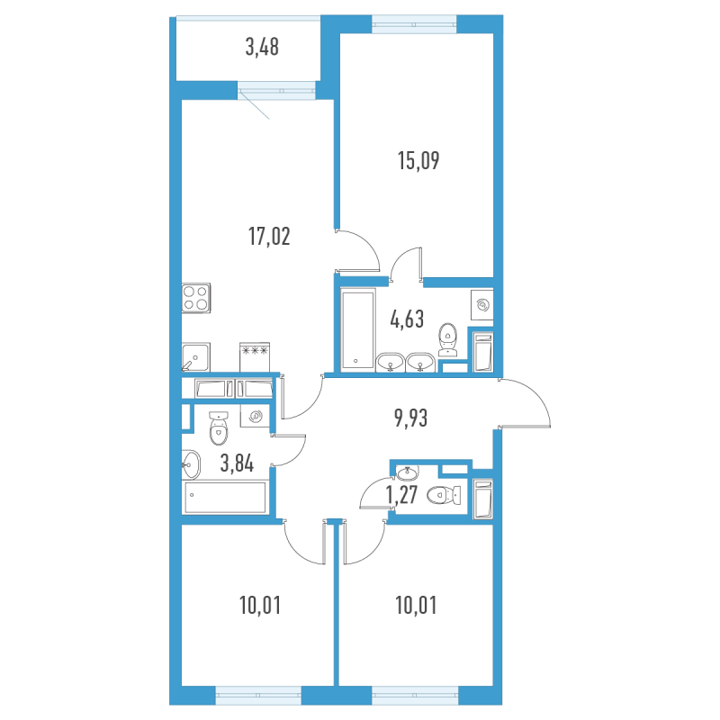 4-комнатная (Евро) квартира, 73.54 м² в ЖК "Аэросити" - планировка, фото №1
