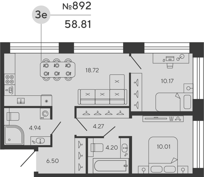 3-комнатная (Евро) квартира, 58.81 м² в ЖК "Башни Элемент" - планировка, фото №1